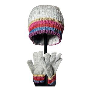 Steve Madden Hat & Gloves Set Ribbed Metallic Stipe Gray/Pink Beanie One Size